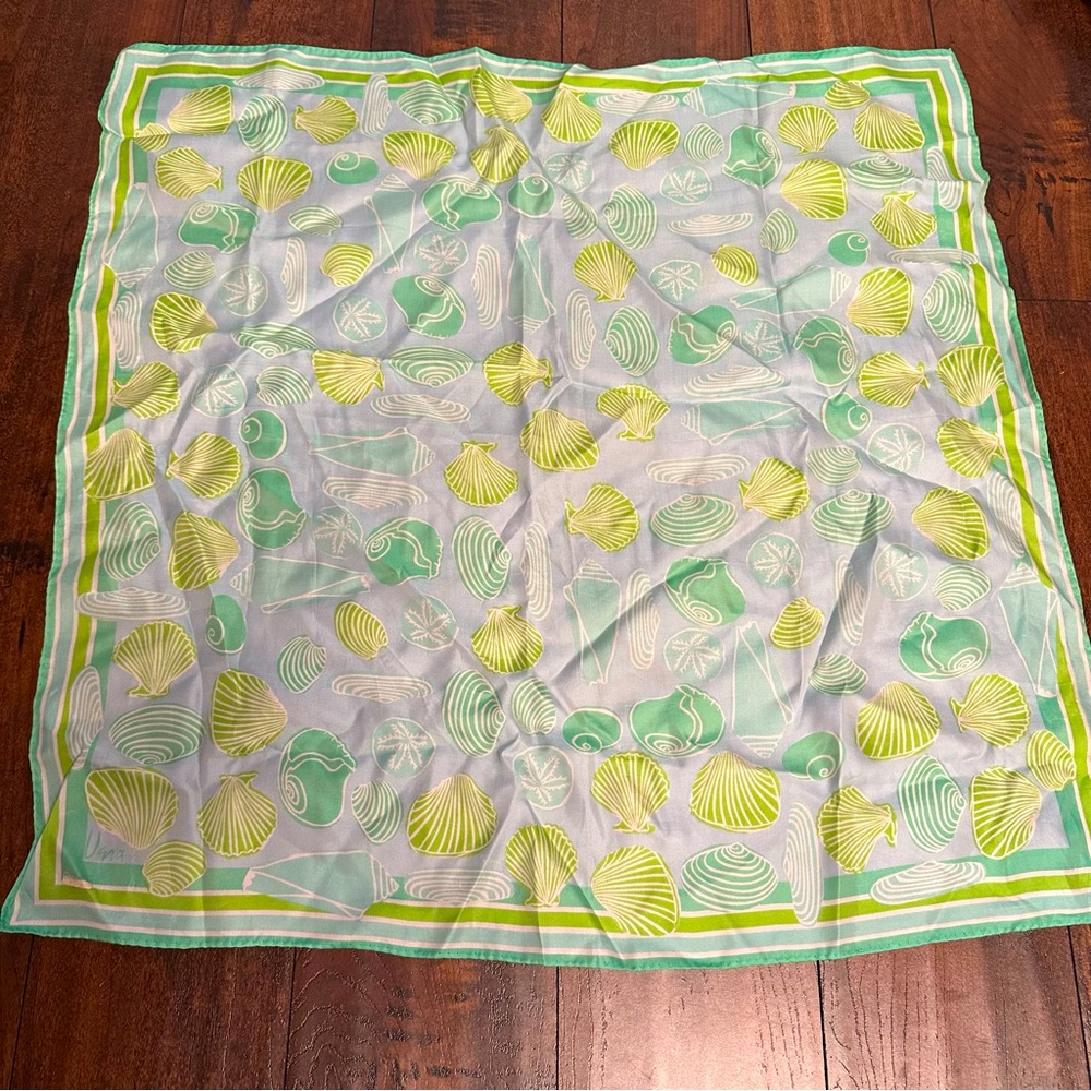 Vintage Ugna seashell square rolled edges silk scarf green and cream